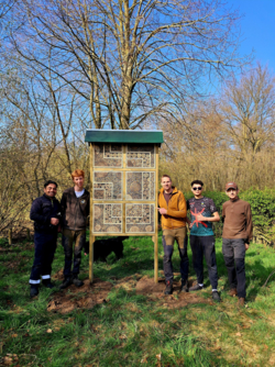 Het insektenhotel aan Vakantiehuis De Luysmolen in het Kempenbroek werd zopas geplaatst door de medewerkers van het Natuurhulpcentrum in Oudsbergen. De ploeg poseert trots aan weerszijden van het insektenhotel met 2 man links en 3 rechts. Op de achtergrond een boom, struikgewas en een haagje.